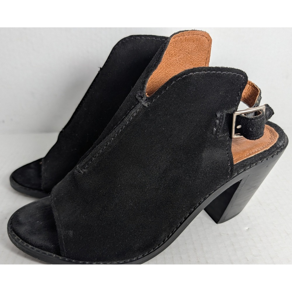 FRYE Black Suede Peep Toe Slingback Heels Women's Size 7.5B Block Heel
